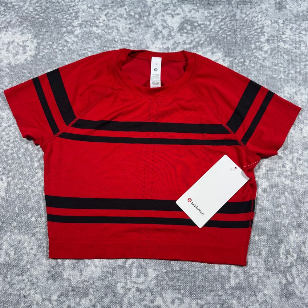 Lululemon Swiftly Tech Cropped Tee 2.0 Stripe Womens 8 Red Black LW3JXUS